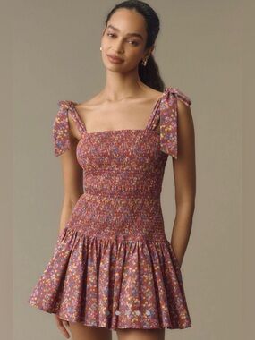 ATSU for Anthropologie Floral Tie-Shoulder Smocked Mini Dress